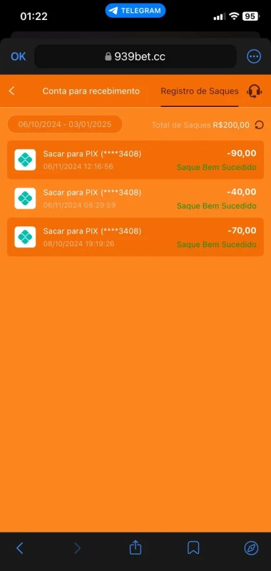 Comprovante de saque real via PIX na 939bet